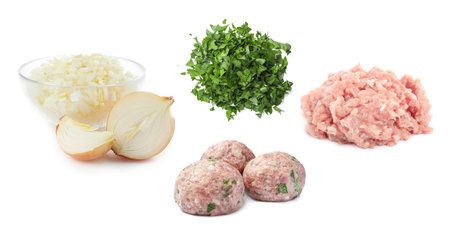 Chopped and minced food texture. Cut onion and parsley and forcemeat isolated on white, collageの写真素材