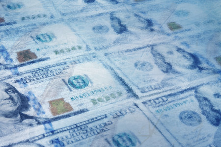 Money frozen. Many dollar bills under iceの写真素材