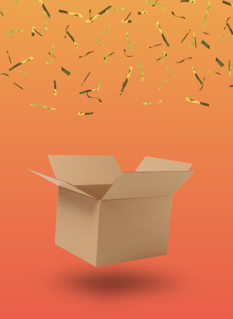 Holiday delivery. Box under falling golden confetti on orange gradient backgroundの写真素材
