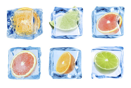 Citrus fruits in ice cubes isolated on white, set