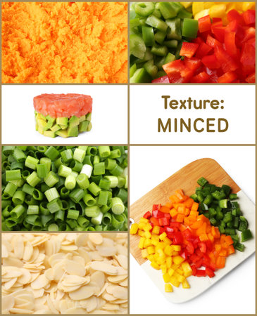 Minced, mashed and chopped food texture. Different cut vegetables, almond flakes and forcemeat, collageの写真素材