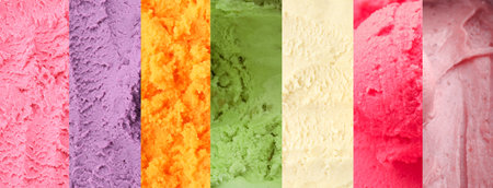 Mashed food texture. Ice cream of different flavors, collageの写真素材