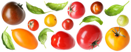 Different fresh tomatoes and green basil isolated on white, setの写真素材
