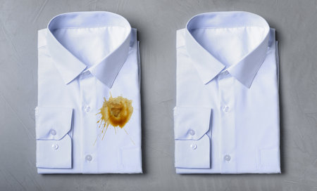 Dirty shirt before and clean one after dry-cleaning, collage on gray backgroundの写真素材