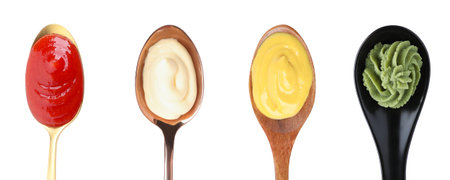 Mustard, ketchup, mayonnaise and wasabi isolated on white, set. Top view