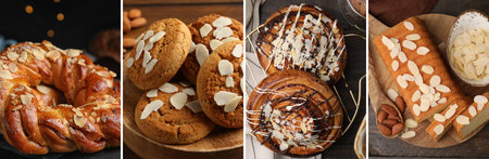 Different tasty pastry with almond, collage. Buns, cookies and cake