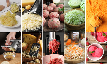 Minced, chopped and mashed food texture. Different products, collage
