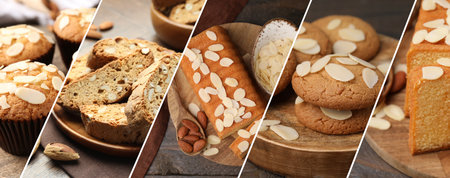 Different tasty pastry with almond, collage. Muffins, cookies and cakeの写真素材