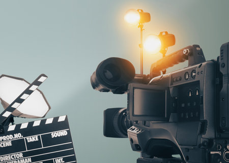 Cinema production. Movie clapperboard, professional camera and spotlights against color backgroundの写真素材