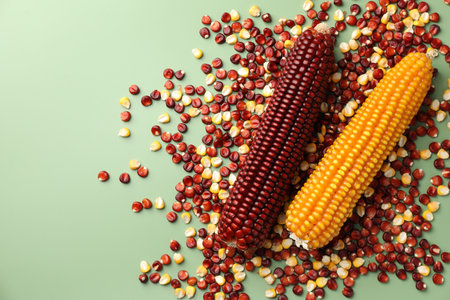 Red and yellow corn cobs with kernels on light green table, flat lay. Space for textの写真素材