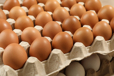 Different raw chicken eggs in egg cartons, closeup