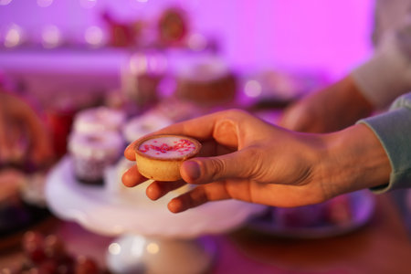 Buffet menu. Guest with delicious dessert at table, selective focusの写真素材