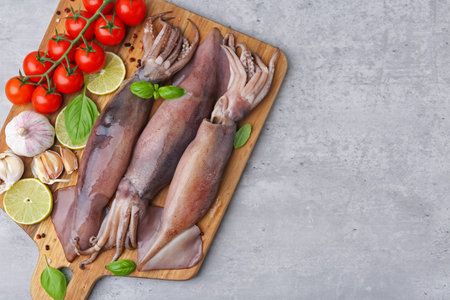 Fresh raw squids, tomatoes, lime slices and spices on gray table, top view. Space for textの写真素材
