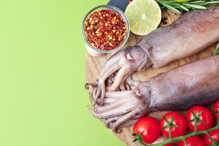 Fresh raw squids, tomatoes, lime and spices on green table, top view. Space for textの写真素材