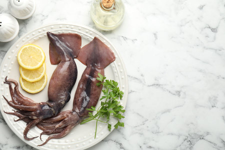 Raw squids, lemon and parsley on white marble table, flat lay. Space for textの写真素材