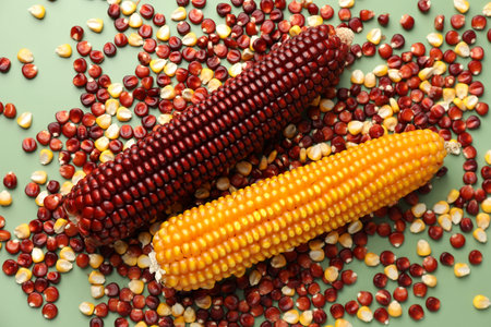 Red and yellow corn cobs with kernels on light green table, flat lay
