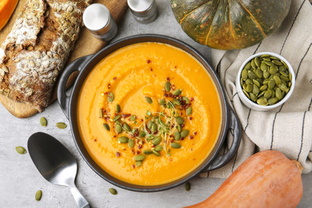 Delicious pumpkin soup served on gray table, flat layの写真素材