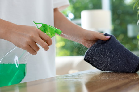Woman spraying cleaning product while wiping wooden table with rag indoors, closeupの写真素材