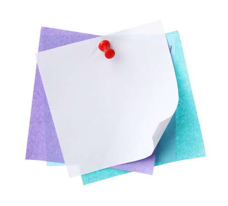 Blank paper notes with pin isolated on whiteの写真素材