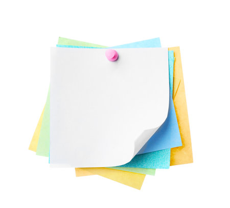 Blank paper notes with pin isolated on whiteの写真素材