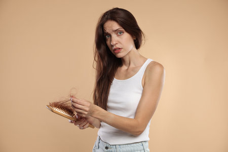 Woman with brush and lost hair on beige background. Alopecia problemの写真素材