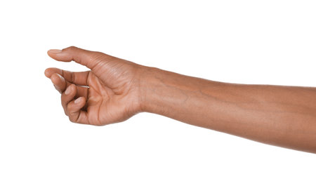 Man holding something on white background, closeupの写真素材