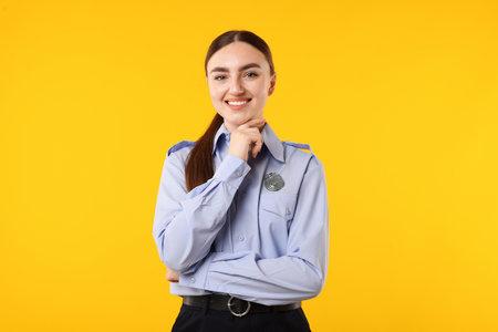 Young policewoman in uniform on yellow backgroundの写真素材