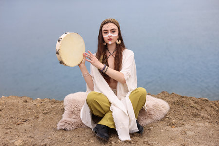 Beautiful shaman woman with face painting and tambourine performing ritual near river outdoorsの写真素材