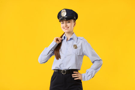 Young policewoman in uniform on yellow backgroundの写真素材