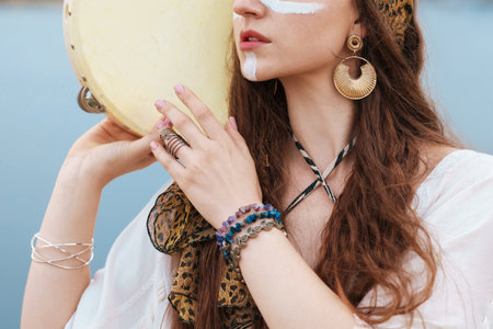 Shaman woman with face painting, jewelry and tambourine outdoors, closeupの写真素材