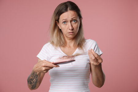 Alopecia problem. Worried woman taking her lost hair from brush on pink backgroundの写真素材