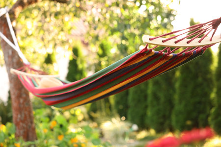 One comfortable colorful hammock in garden, closeupの写真素材