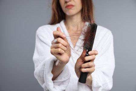 Woman with brush and lost hair on gray background, closeup. Alopecia problemの写真素材