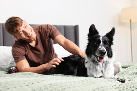 Pet friendly hotel. Man and his cute dog on bed indoors, selective focusの写真素材