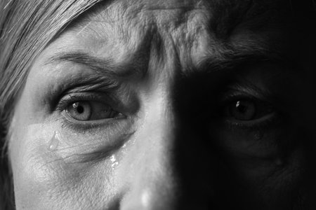 Closeup view of senior woman crying. Black and white effectの写真素材