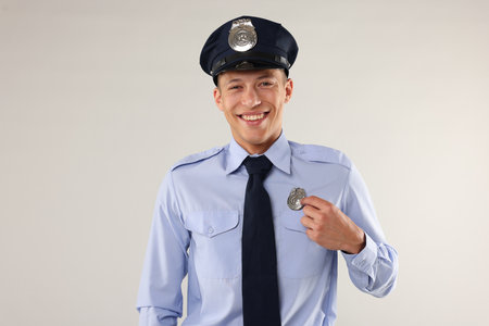 Young policeman in uniform on light gray backgroundの写真素材