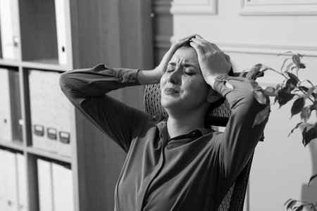 Young businesswoman crying on chair in office. Black and white effectの写真素材
