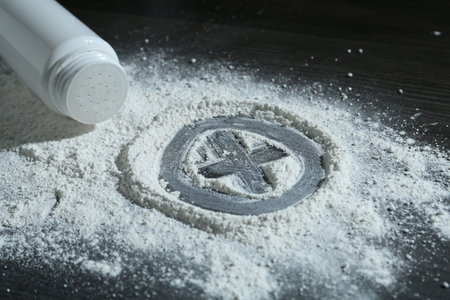 Cross made of talcum powder and container on black wooden background, closeupの写真素材