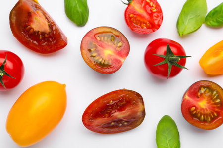 Different ripe tomatoes and basil leaves on white background, flat layの写真素材
