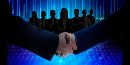 Business partners shaking hands against group of people. Banner designの写真素材
