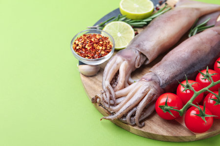 Fresh raw squids, tomatoes, lime slices and spices on green table, closeup. Space for text