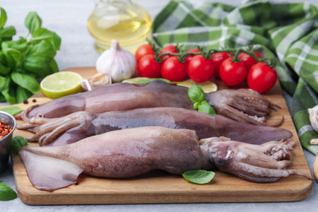 Fresh raw squids, tomatoes, lime and spices on gray table, closeup