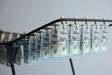 Money laundering. Banknotes hanging on drying rack indoors, closeupの写真素材