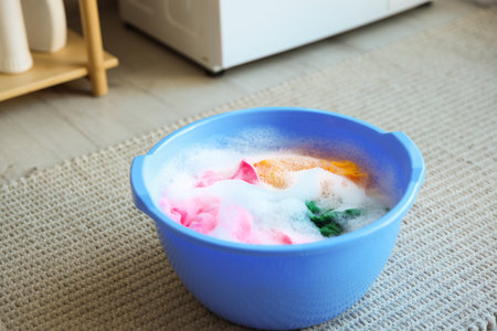 Plastic basin with laundry and soapy water in bathroom, closeupの写真素材