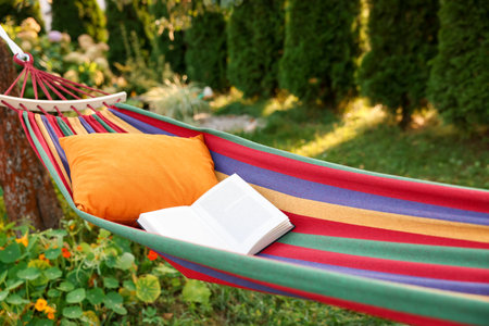 Cushion and book on hammock in garden, closeupの写真素材