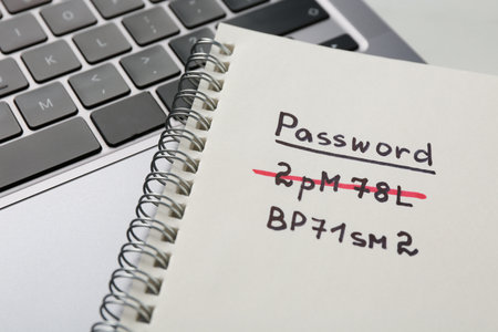 Changing password. Notebook with old and new passwords and laptop on white table, closeupの写真素材