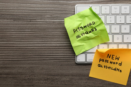 Paper notes with old and new passwords and keyboard on wooden desk, top view. Space for textの写真素材