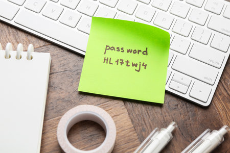 Sticky note with password, keyboard and stationery on wooden desk, closeupの写真素材