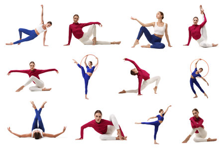 Woman doing gymnastic exercises. Collage on white backgroundの写真素材