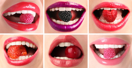 Women holding different berries and candies in mouth, closeup. Female lips with different shades of lipstick, collageの写真素材
